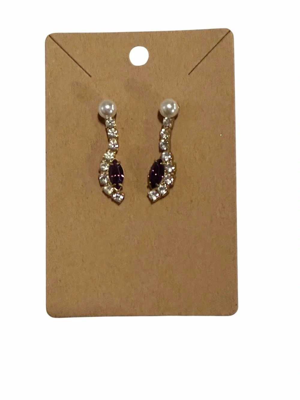 Pearl and Purple Crystal Drop Earrings - Gold Tone
